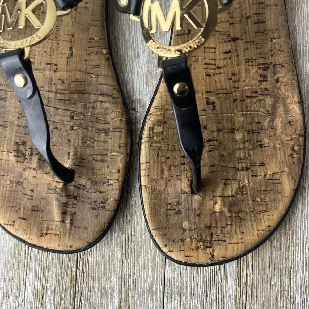 MICHAEL KORS Black Jelly Cork Thongs Flat Sandals Size 7 MK Gold Logo Flip Flops